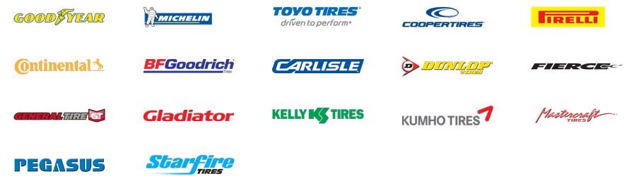 Good Year, Michelin, Tovo Tires, Cooper Tires, Pirelli, Continental, BF Goodrich, Carlisle, Dunlop, Firece, General Tire, Gladiator, Kelly Tires, Kumho Tires, Pegasus, Starfire and Mastercraft.
